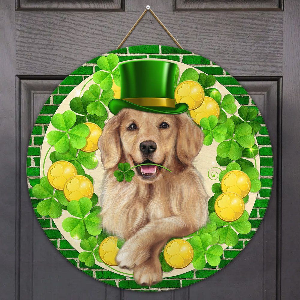 Irish Door Hanger Irish Shamrock Golden Retriever St. Patrick's Day Wooden Sign TRL1818WD