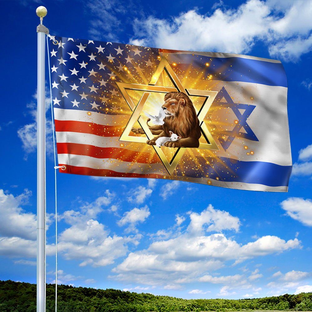 Jewish Grommet Flag, Lion Of Judah Israel American Flag QNK1023GF