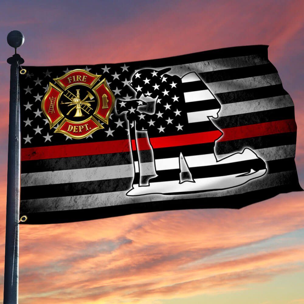 Kneeling Firefighter Thin Red Line Grommet Flag THB3844GF