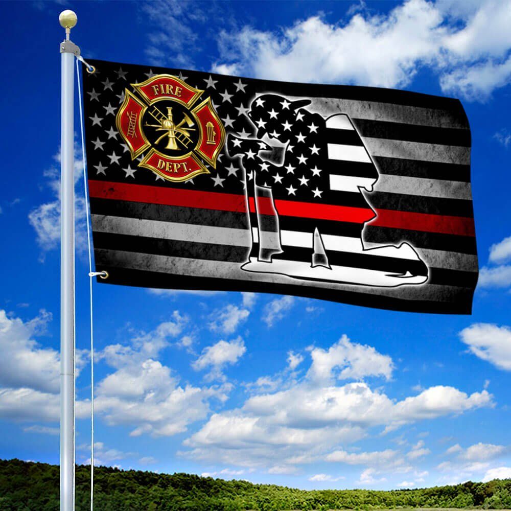 Kneeling Firefighter Thin Red Line Grommet Flag THB3844GF