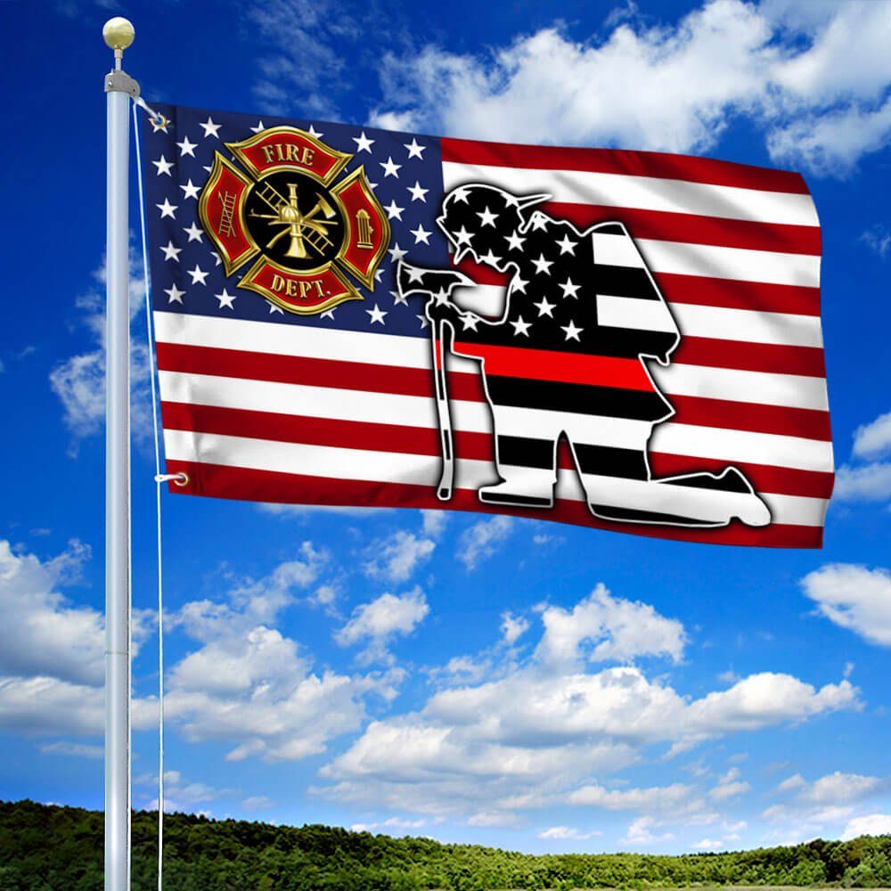 Kneeling Firefighter Thin Red Line Grommet Flag THB3844GFv1