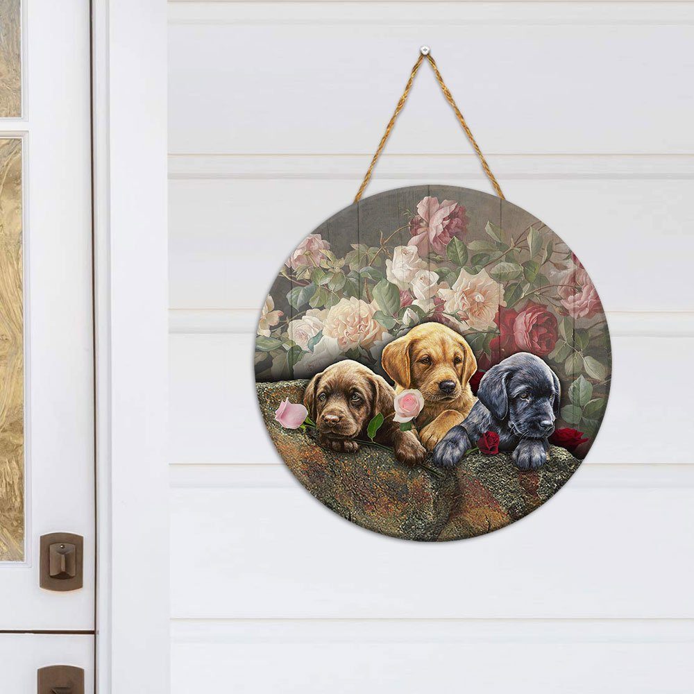 Labrador Retriever Round Wooden Sign Puppy Roses ANL195WD