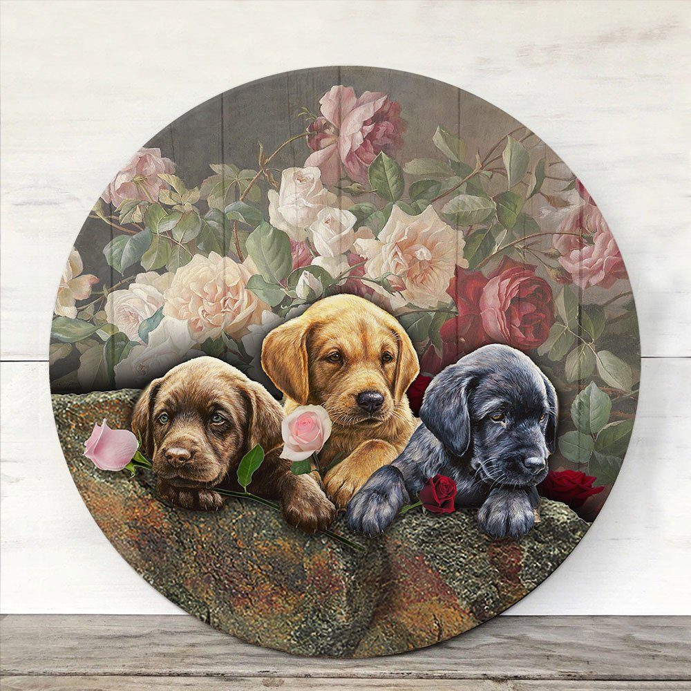 Labrador Retriever Round Wooden Sign Puppy Roses ANL195WD