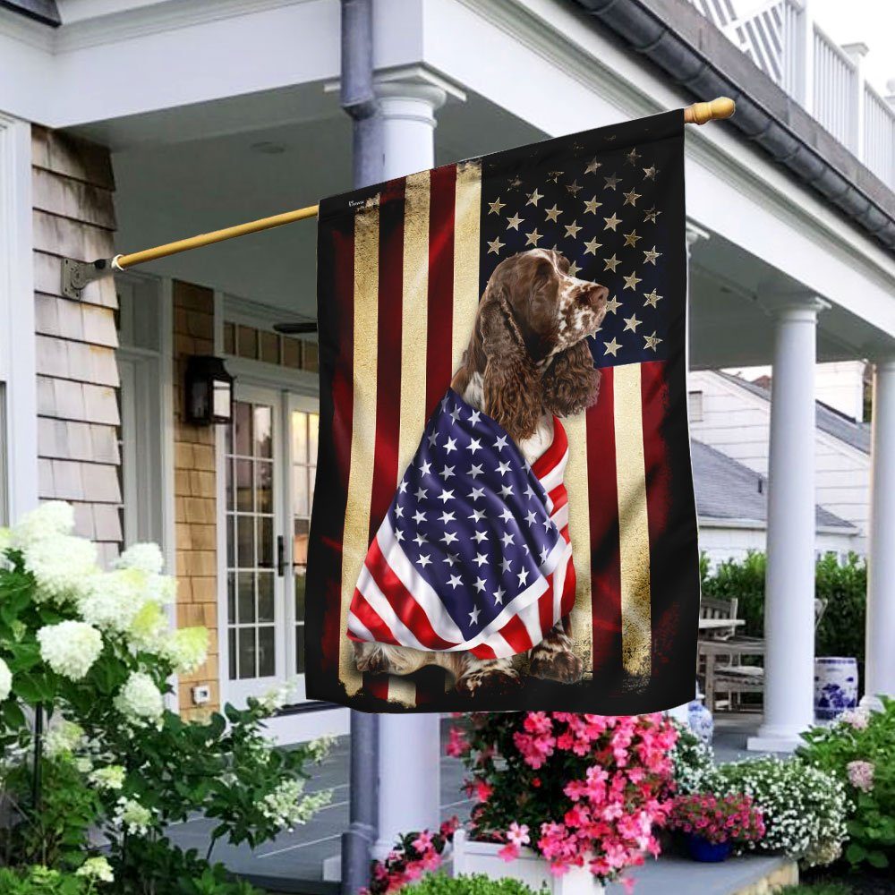 Liver and White Springer Spaniel American Patriot Flag