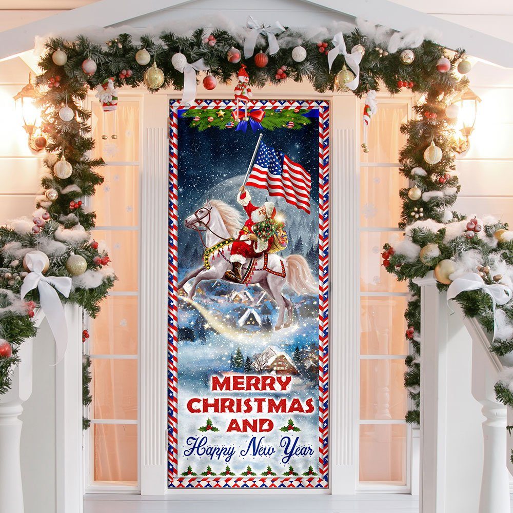Merry Christmas and Happy New Year Door Cover Santa Riding Horse BNN635D