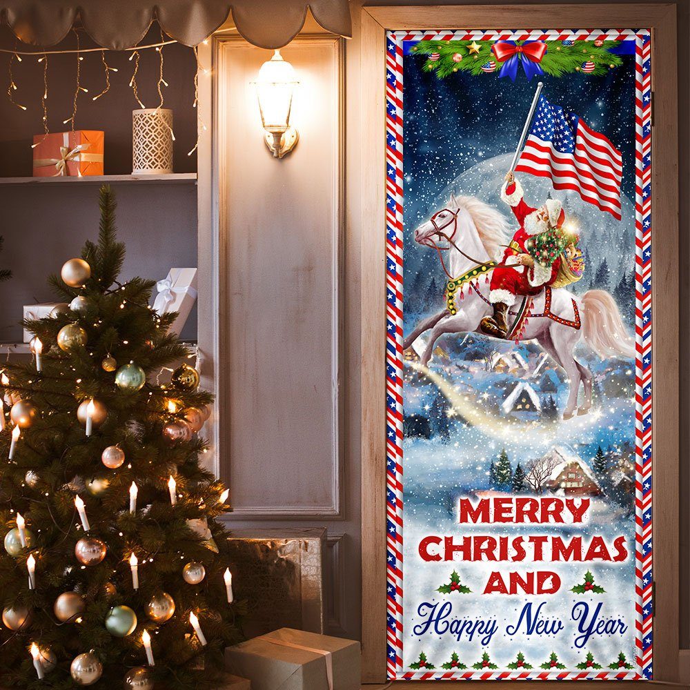 Merry Christmas and Happy New Year Door Cover Santa Riding Horse BNN635D
