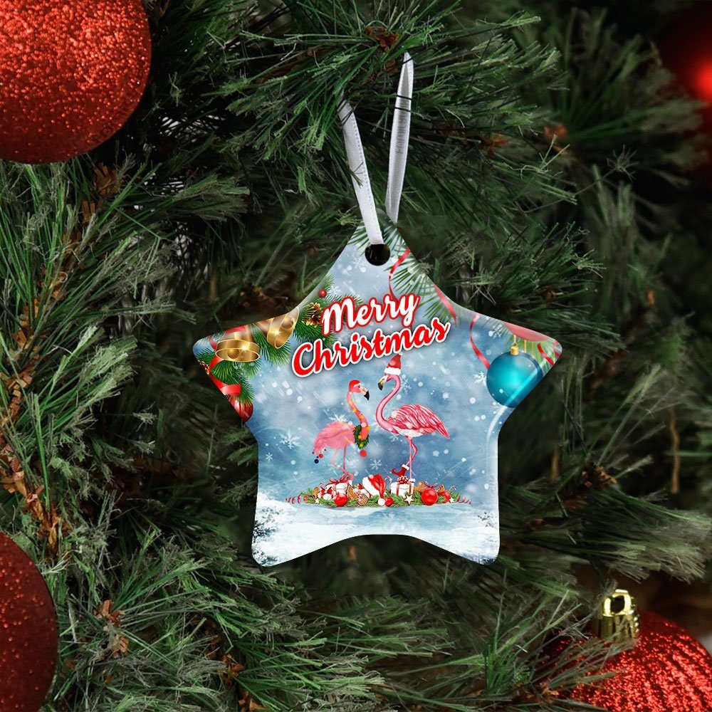 Merry Christmas Flamingo Ceramic Ornament