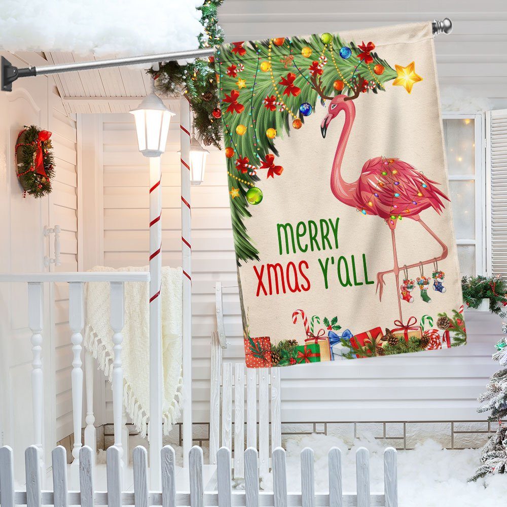 Merry Xmas Y'all Flamingo Christmas Flag BNN619F