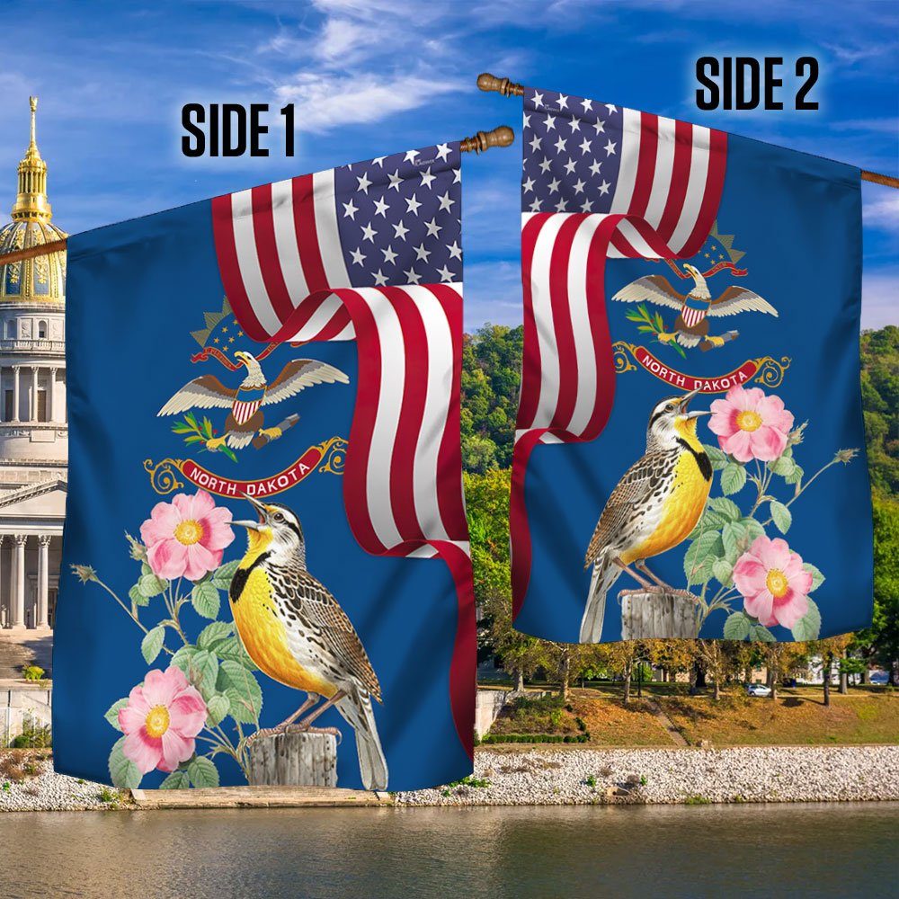 North Dakota Meadowlark Bird and Prairie Rose Flower Flag MLN1141Fv9