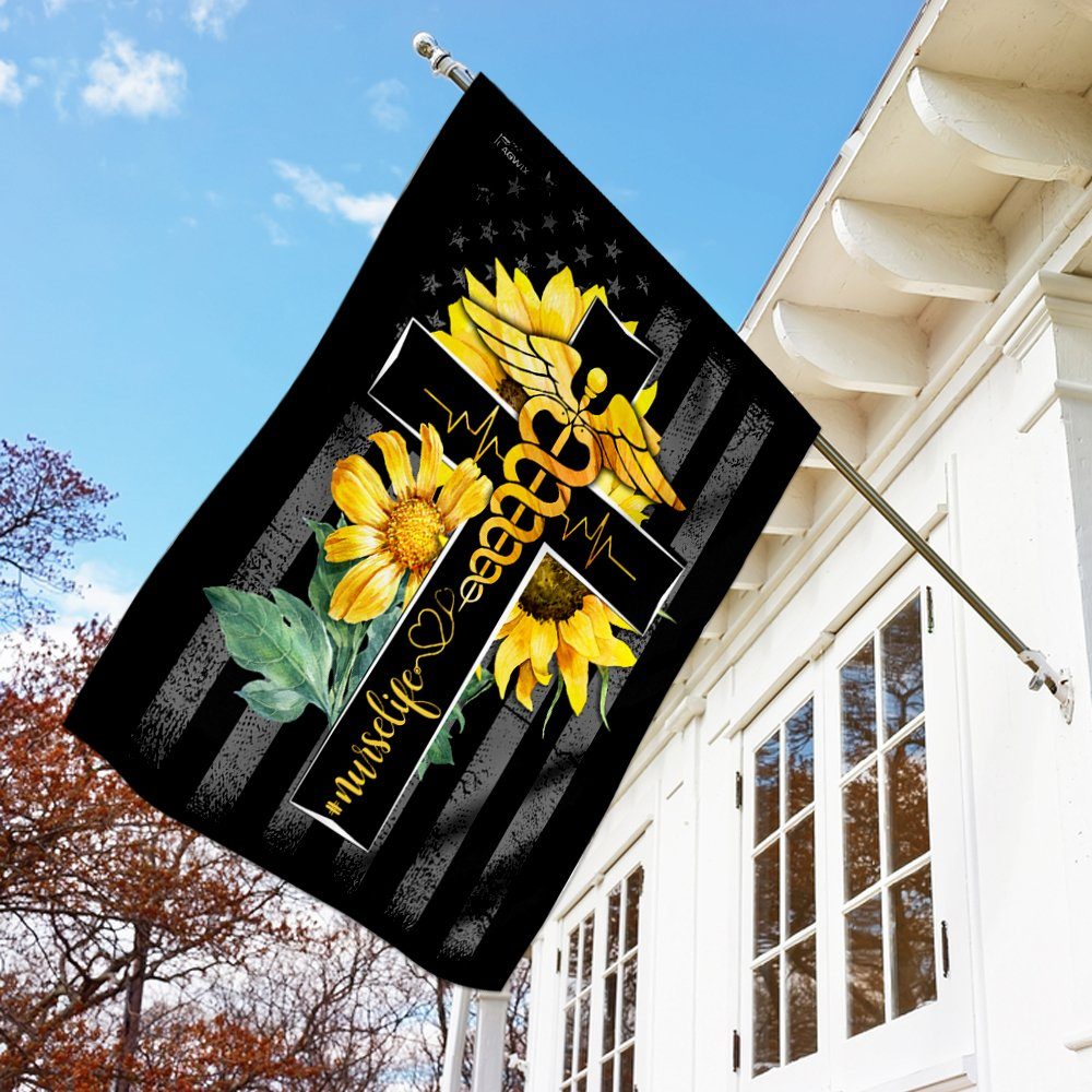 Nurse Life Sunflower Christian Cross Flag