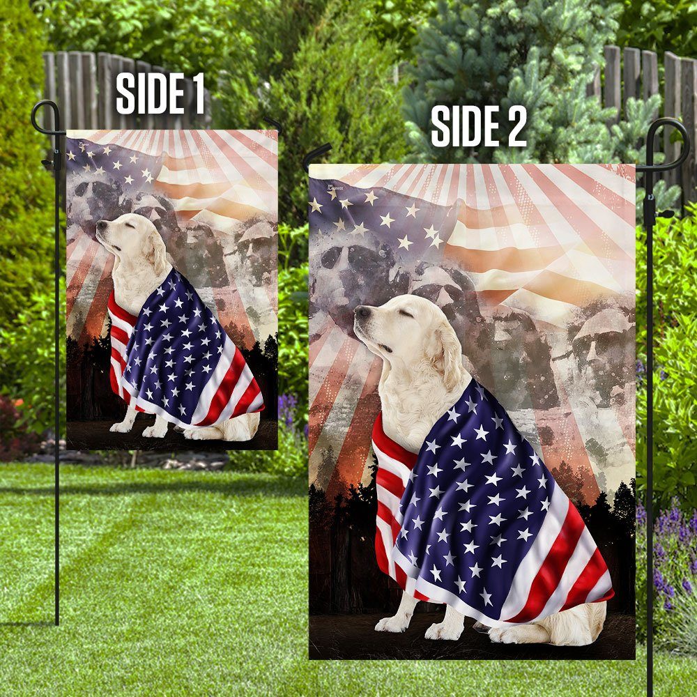 Patriotic English Cream Golden Retriever With Mount Rushmore Flag