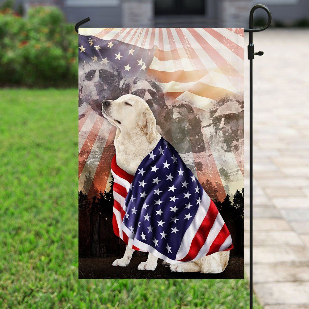 Patriotic English Cream Golden Retriever With Mount Rushmore Flag