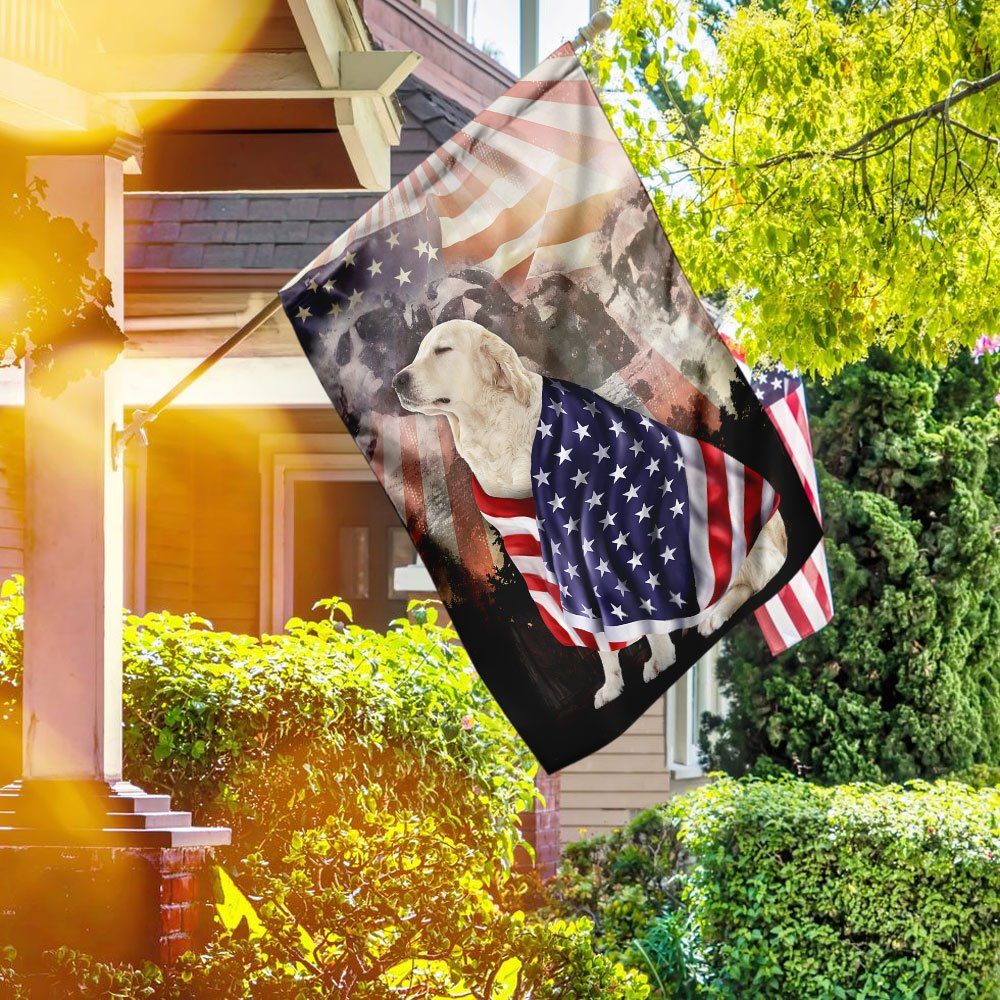 Patriotic English Cream Golden Retriever With Mount Rushmore Flag