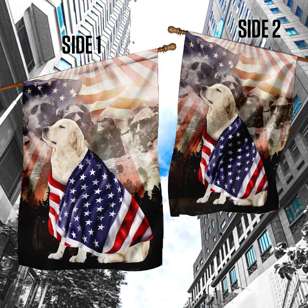 Patriotic English Cream Golden Retriever With Mount Rushmore Flag