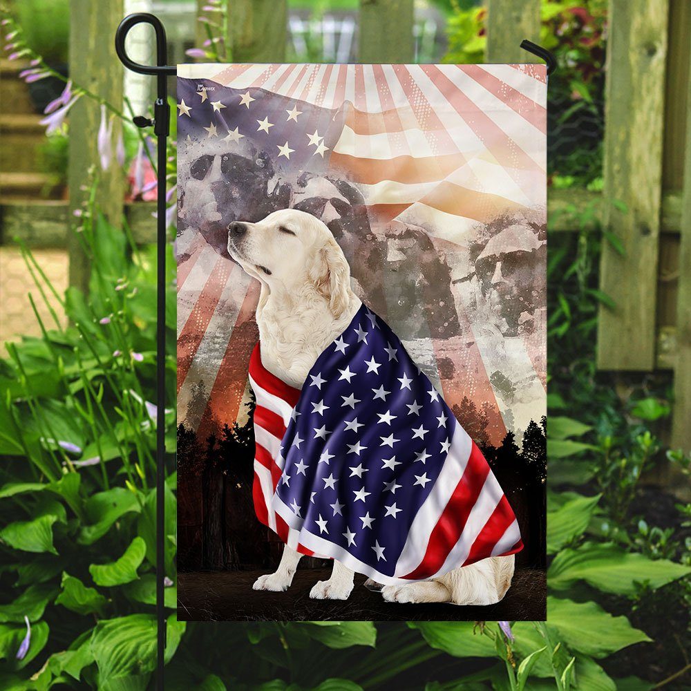 Patriotic English Cream Golden Retriever With Mount Rushmore Flag