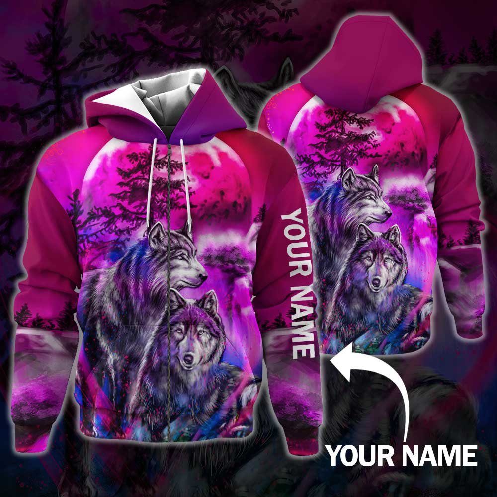 Personalized Romantic Wolf Couple Zip Hoodie Custom Name DBD2938ZHCT