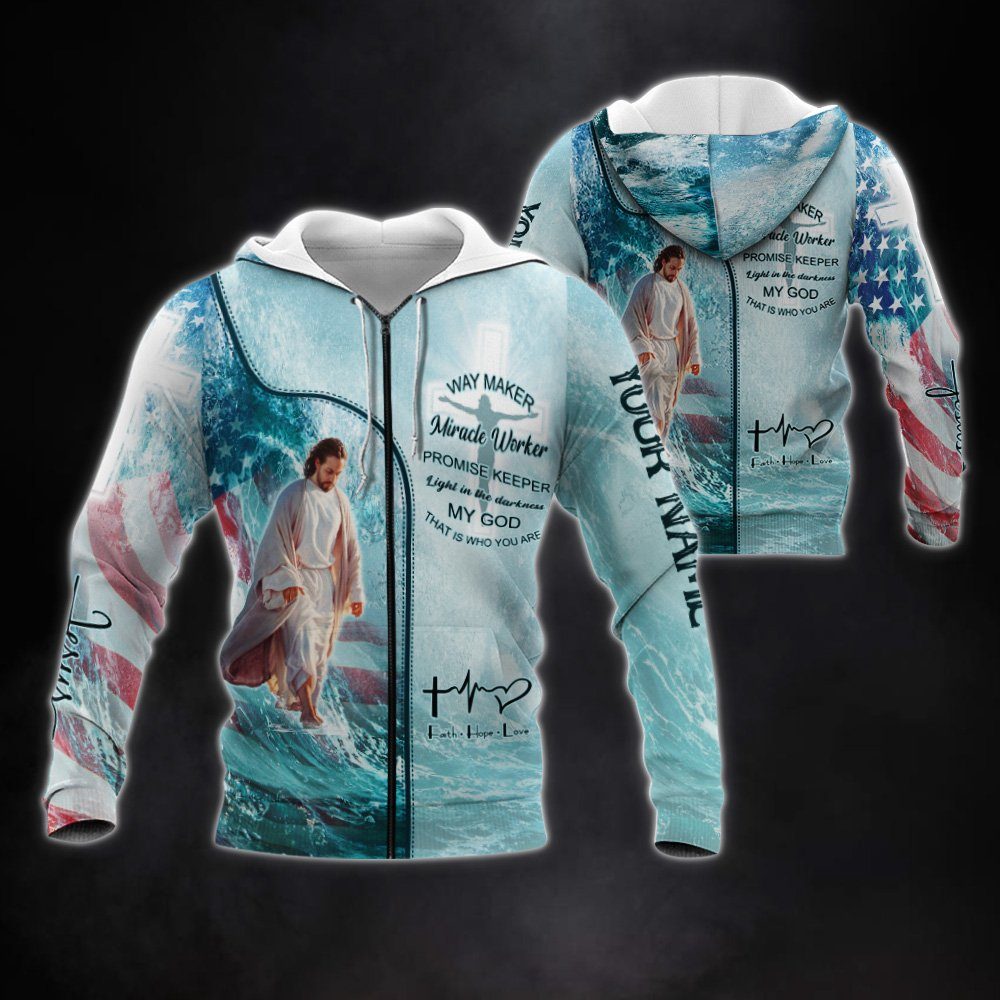 Personalized Zip Hoodie Jesus God Way Maker Miracle Worker Promise Keeper MLH2151ZHCT