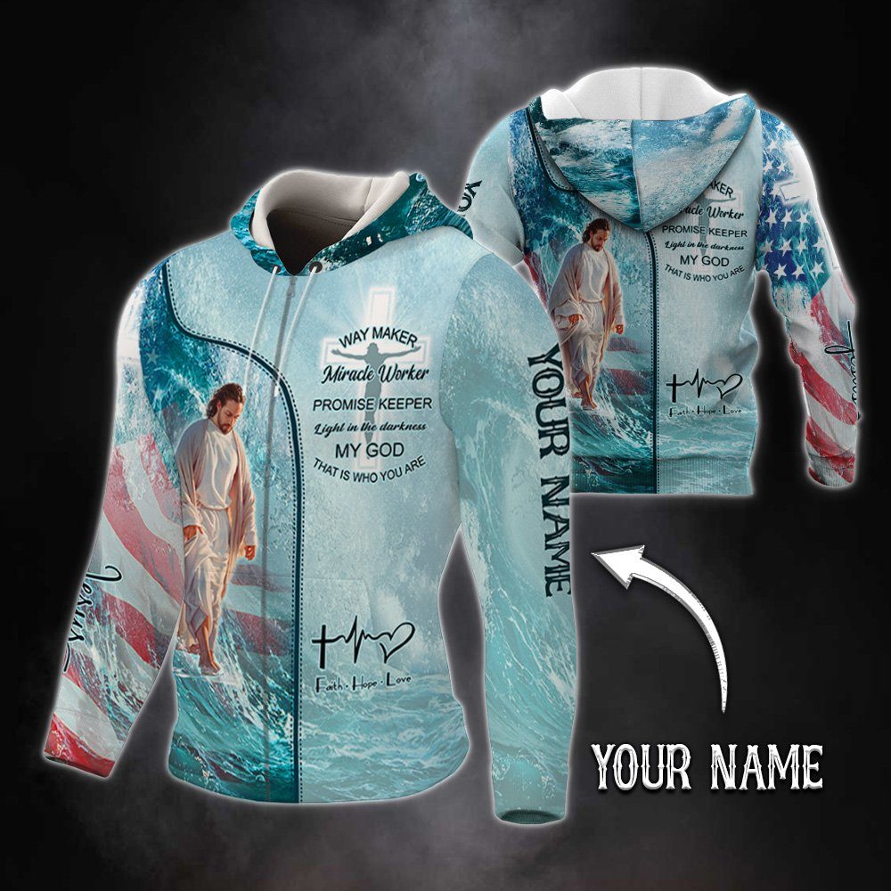 Personalized Zip Hoodie Jesus God Way Maker Miracle Worker Promise Keeper MLH2151ZHCT
