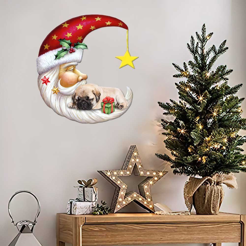 Pug Sleeping Crescent Moon Santa Hanging Metal Sign DBD3061MS