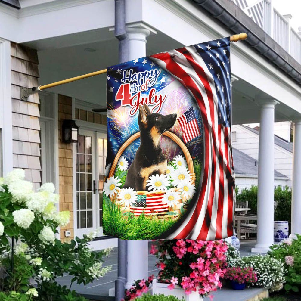 Puppy German Shepherd. Happy 4th Of July American Flag