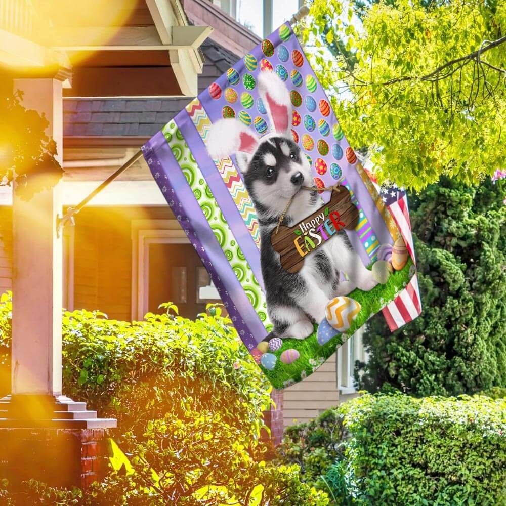 Puppy Siberian Husky. Happy Easter American Flag