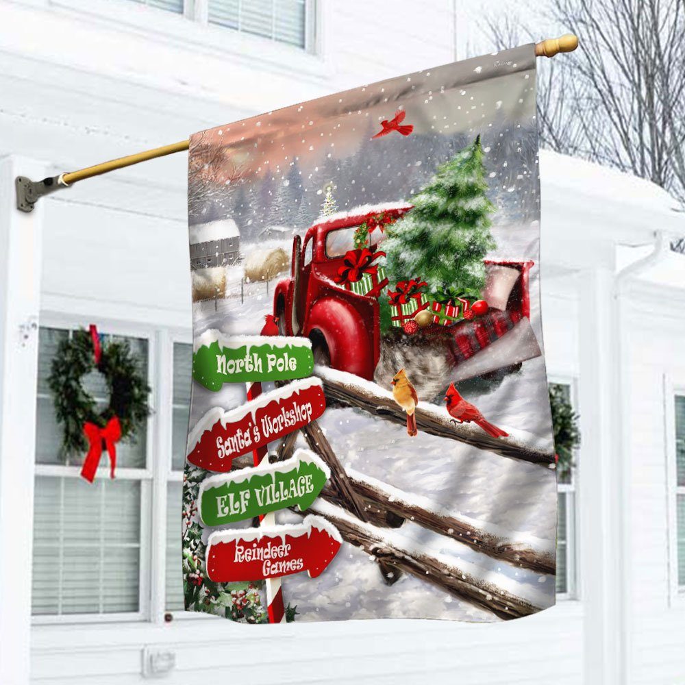 Red Truck Flag North Pole, Santa’s Workshop, Elf Village, Reindeer Games DDH2984Fv1
