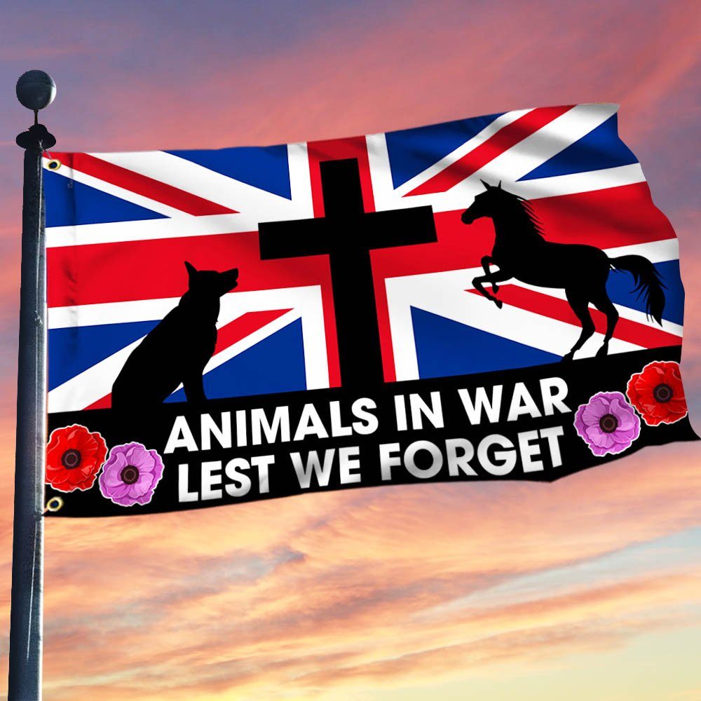 Remembrance Day Animals UK Grommet Flag Lest We Forget Animals In War Red Purple Poppy TQN548GF