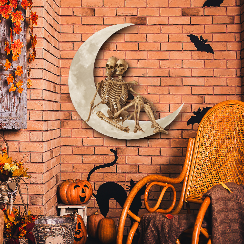 Skeleton Couple Halloween On The Moon Skull Couple Hanging Metal Sign Wall Sign QNK1005MSv19