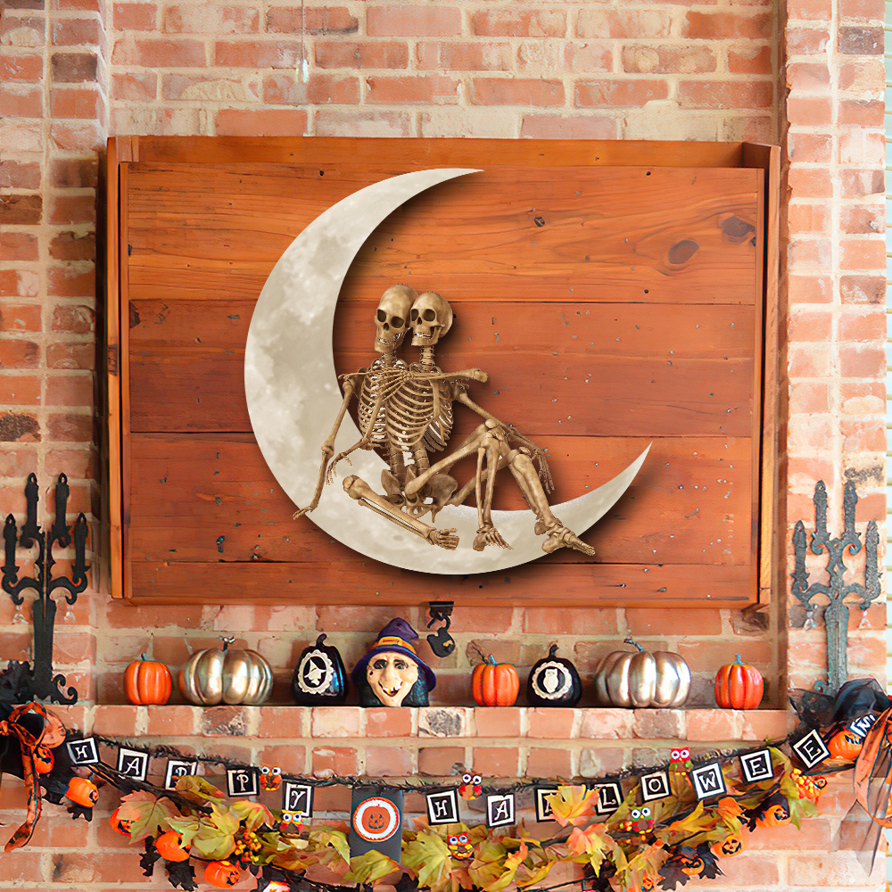 Skeleton Couple Halloween On The Moon Skull Couple Hanging Metal Sign Wall Sign QNK1005MSv19