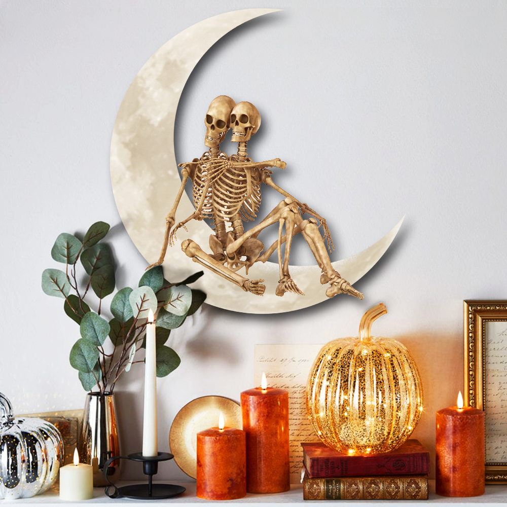 Skeleton Couple Halloween On The Moon Skull Couple Hanging Metal Sign Wall Sign QNK1005MSv19