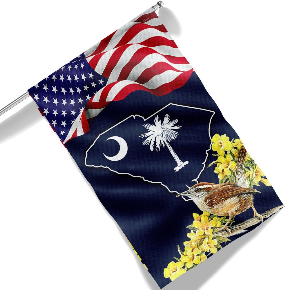 South Carolina With Carolina Wren Bird and Yellow Jessamine Flower, South Carolina Flag TPT811F