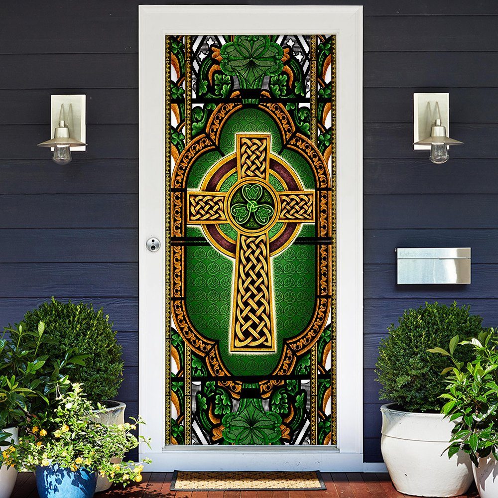 St. Patrick's Day Door Cover, Irish Ireland Celtic Cross Glass Church Irish QNV33D