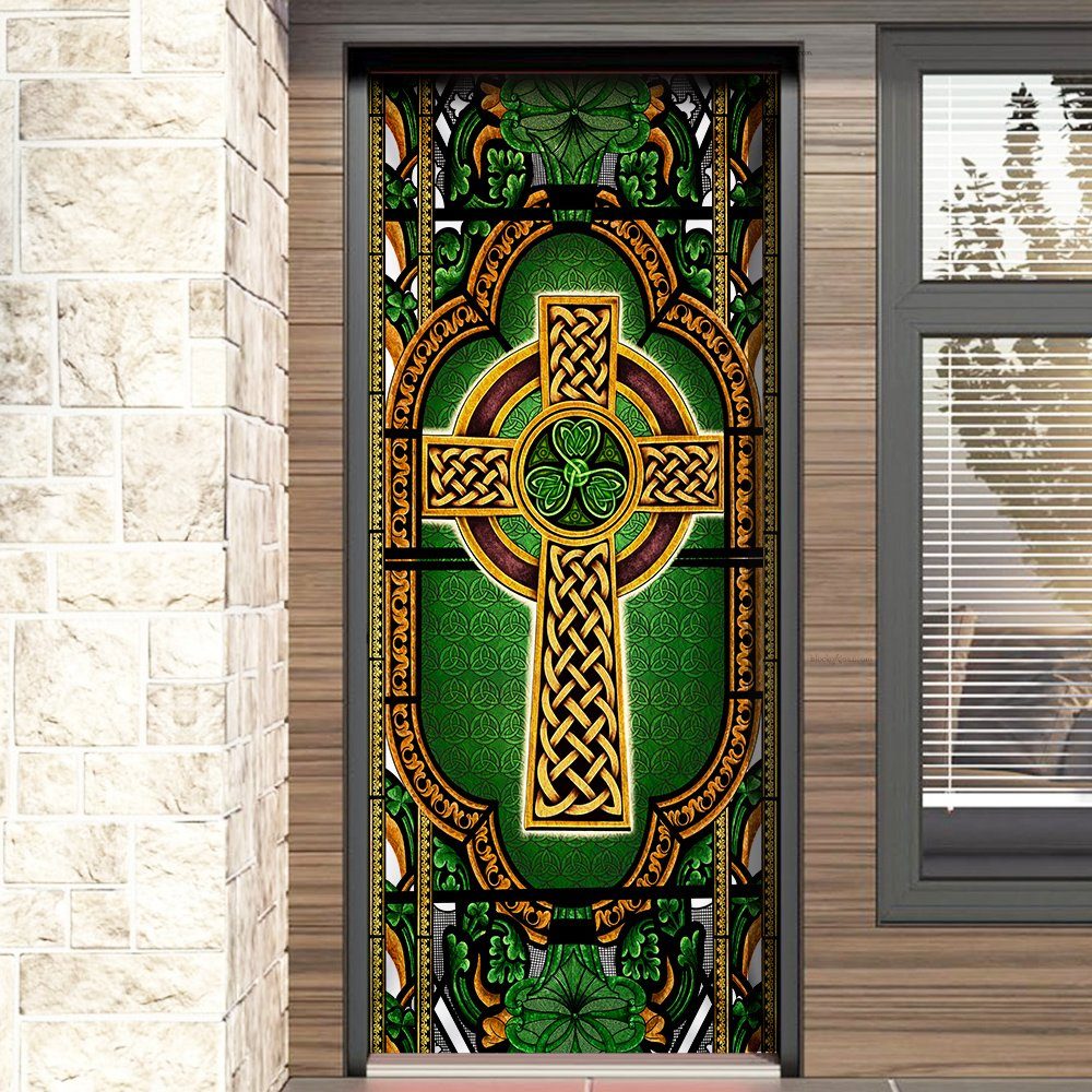 St. Patrick’s Day Door Cover, Irish Ireland Celtic Cross Glass Church Irish QNV33D