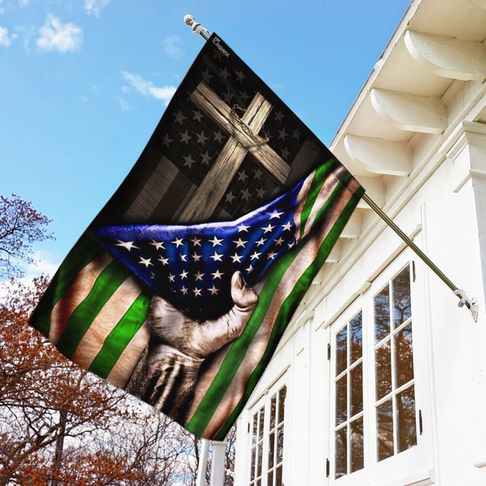 The Thin Green Line Christian Cross. America U.S. Flag