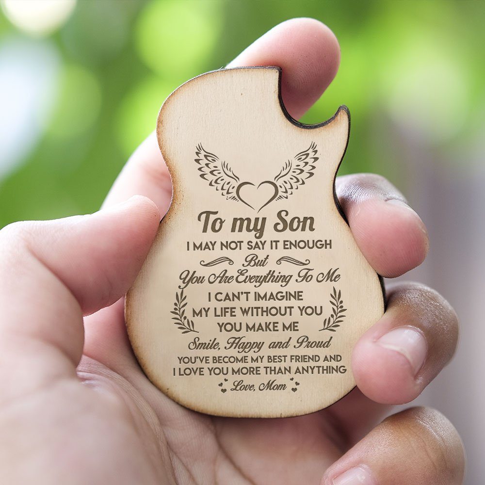 To My son Guitar Carving Wooden Pick Box, Gift From Mom To Son Guitar Pick Music Gift For Birthday, Christmas, School, College, Graduation, Music Xmas, Mom Son Gift TPT434PB