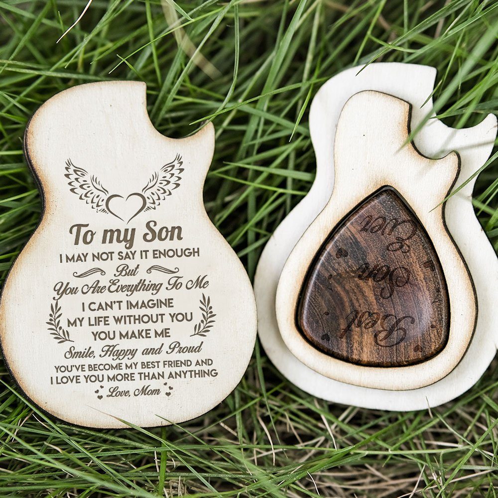 To My son Guitar Carving Wooden Pick Box, Gift From Mom To Son Guitar Pick Music Gift For Birthday, Christmas, School, College, Graduation, Music Xmas, Mom Son Gift TPT434PB