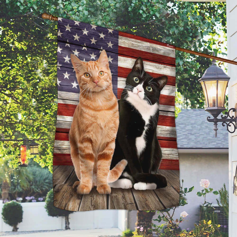 Tuxedo and Orange Tabby Cat Flag Charming Cat NTB216Fv38