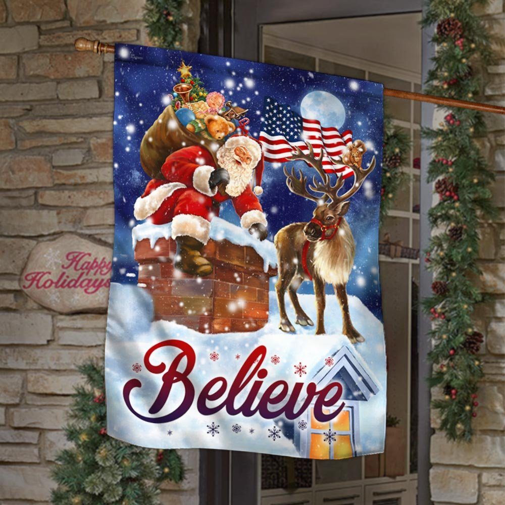 US Christmas Believe Flag Santa Claus Climbing Down The Chimney DBD3011F