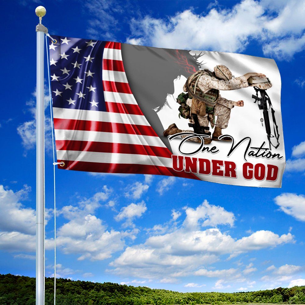 Veteran Kneeling Under God Veteran God Bless One Nation Under God Grommet Flag MLN315GFv1