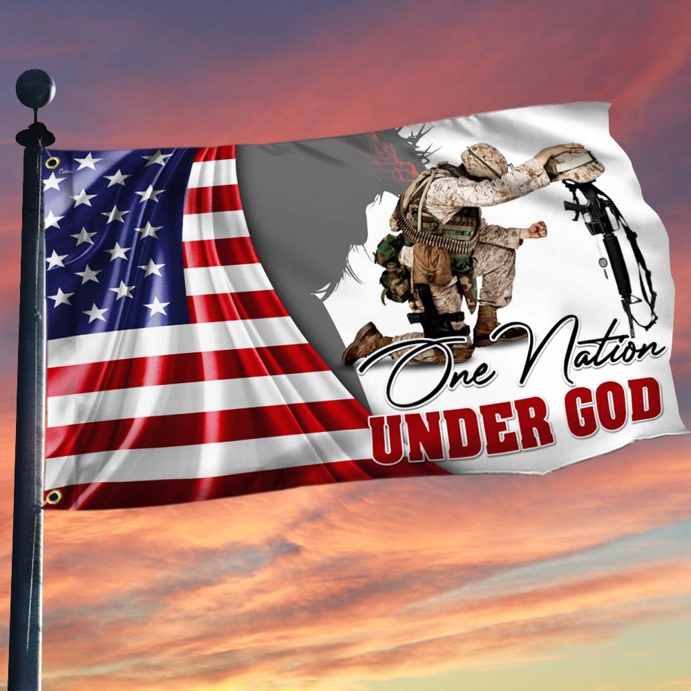 Veteran Kneeling Under God Veteran God Bless One Nation Under God Grommet Flag MLN315GFv1