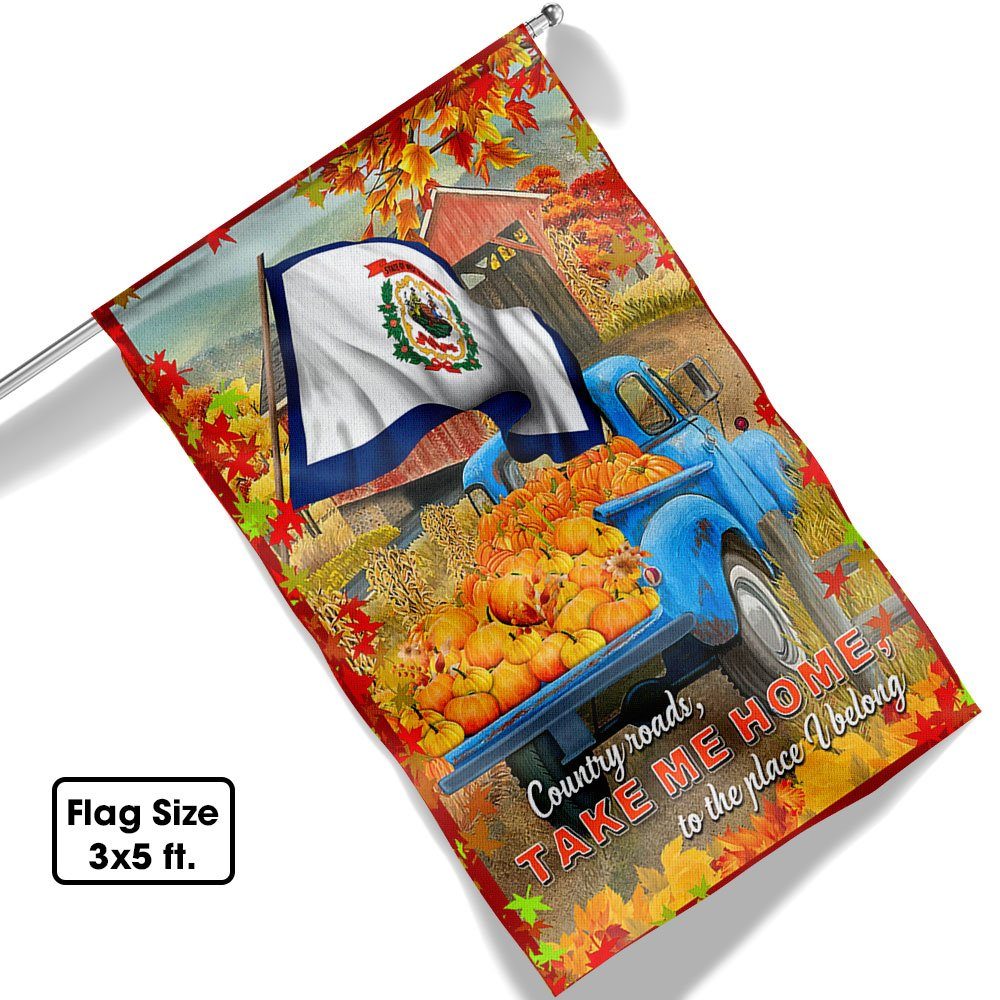 West Virginia. Halloween Pumpkins Truck Flag Country Roads, Take Me Home To The Place I Belong Flag MLN528F