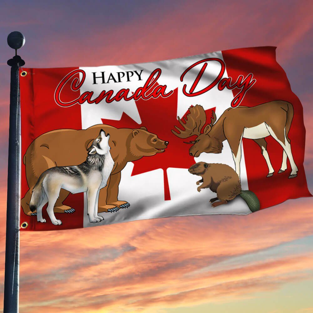 Wolf, Bear, Beaver, Moose. Happy Canada Day Flag TPT200GF