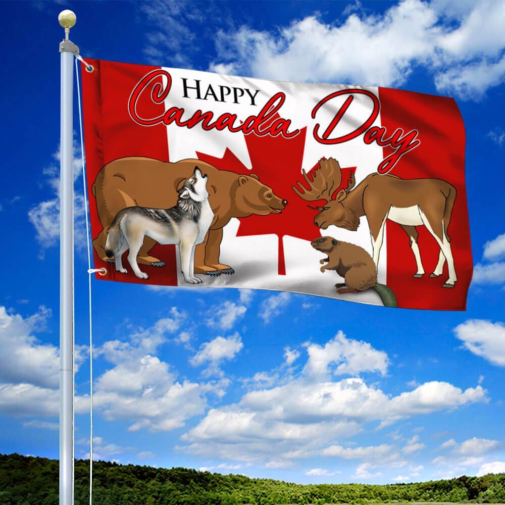 Wolf, Bear, Beaver, Moose. Happy Canada Day Flag TPT200GF