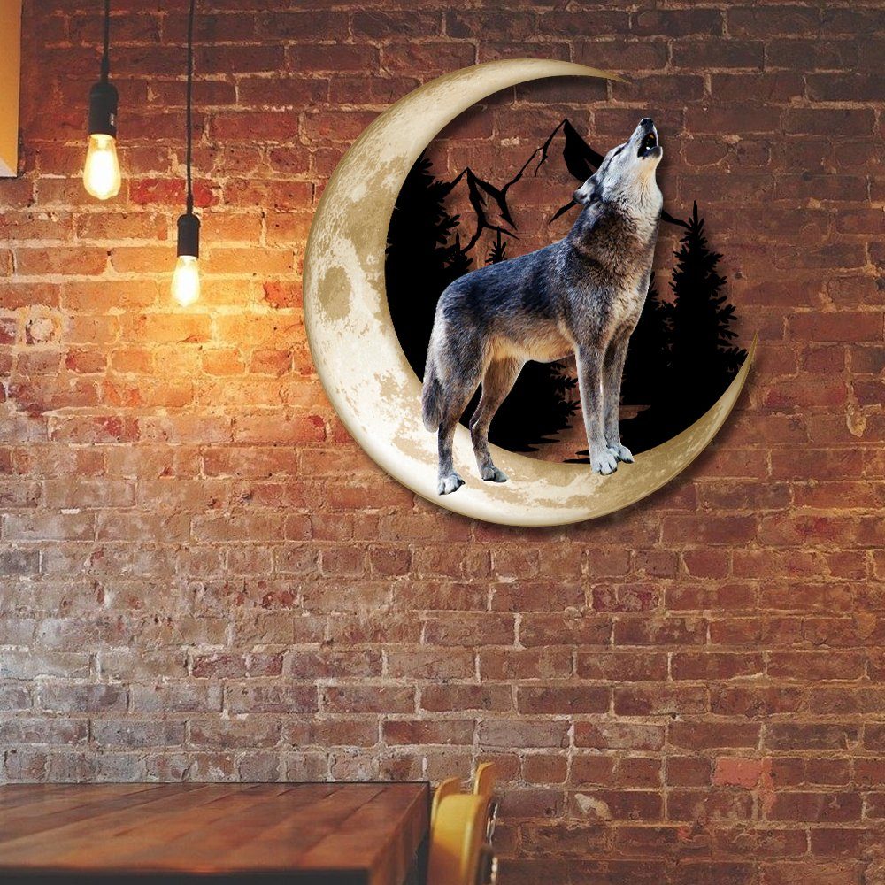 Wolf Howling Moon Hanging Metal Sign THH3525MS