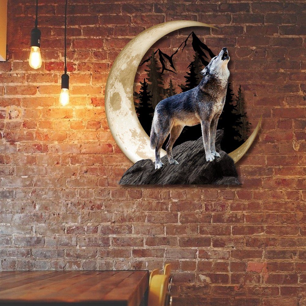 Wolf Howling Moon Hanging Metal Sign THH3525MSv1