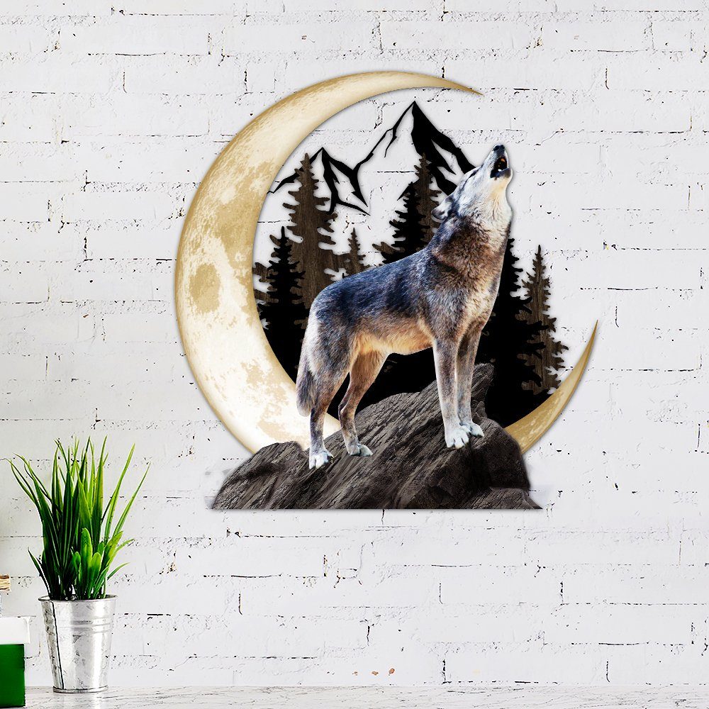 Wolf Howling Moon Hanging Metal Sign THH3525MSv1