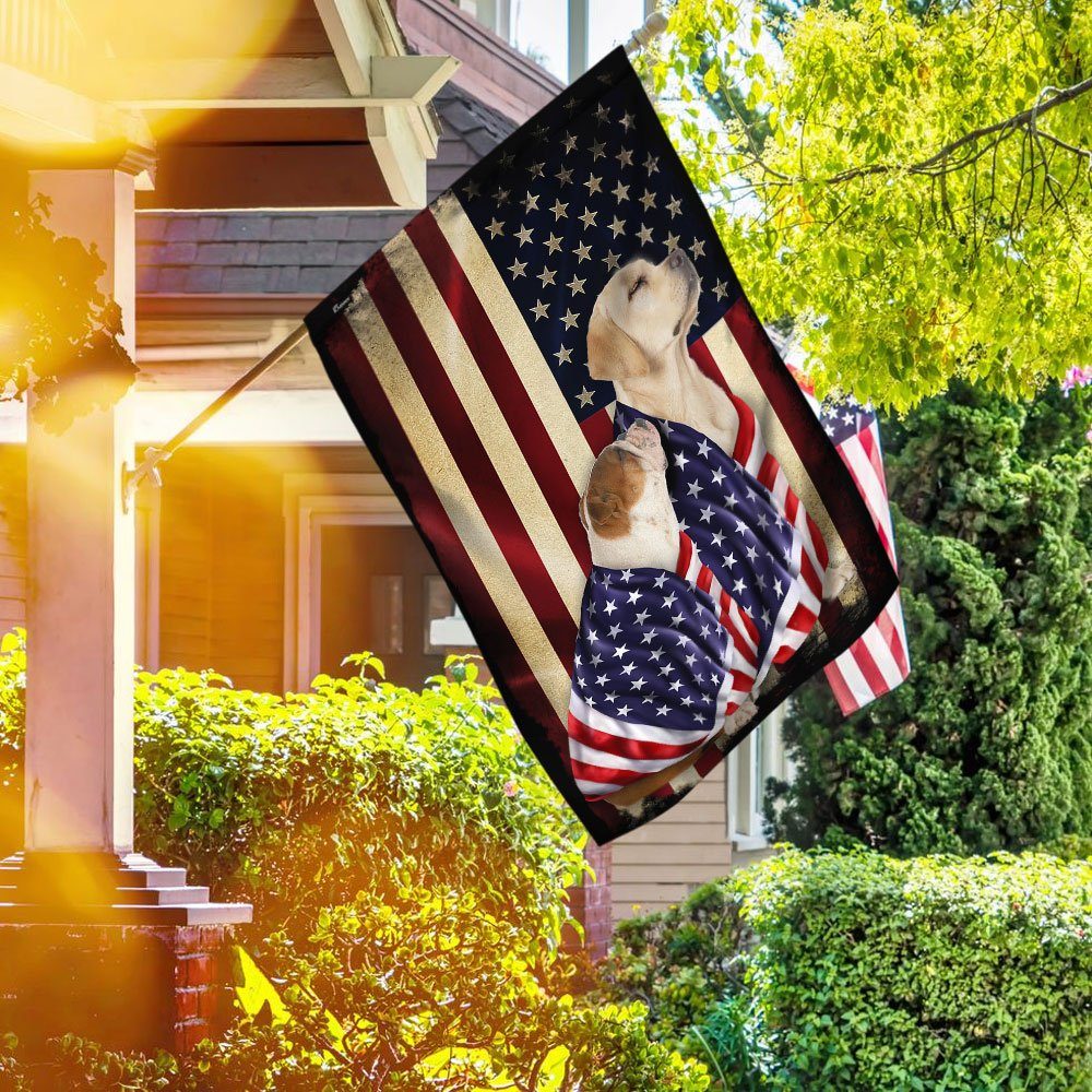 Yellow Labrador Retriever And English Bulldog American Patriot Flag
