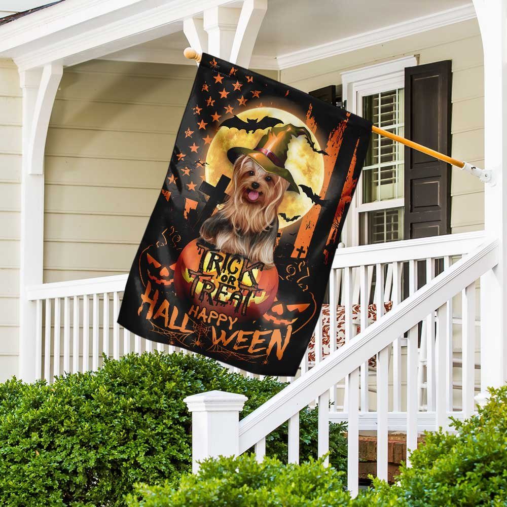 Yorkshire Terrier. Happy Halloween. Trick Or Treat America Flag