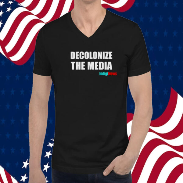 Morin Wearing Decolonize The Media Indiginews Tee Shirt