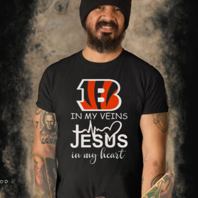 CINCINNATI BENGALS LOGO 2023 IN MY VEINS JESUS IN MY HEART SHIRT